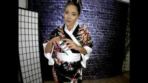 Beautiful Japanese kimno Virginia Slim 120 smoke, nude