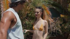 Two girls have rough sex in adirty backyard group session