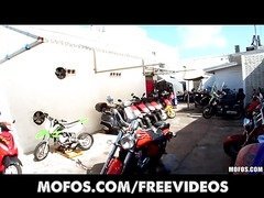 Biker girl with perfect set of tits is fucked doggystyle at work