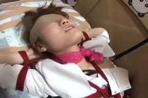 Bound Brunette Takes Japanese Cock Deep, Unravels Bandages