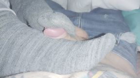 Femdom milf gives quick hard footjob and toe job in dirty socks stopping before her sub cums
