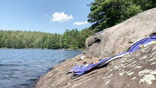 Canadian boy sunbathes in his swim boxers before bare snorkelling!