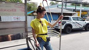 Lovely top model Leona Mia is walking around the city