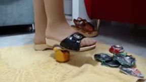 Crush cans, tincans with berkemann wooden sandals and nylons