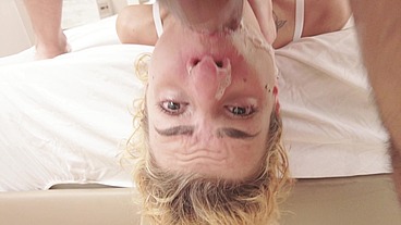 Skinny blonde bimbo gets a messy throatfuck