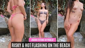 Bikini changing and naked flashing on the public beach