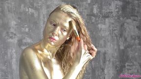 beauty in gold paint sucks cock and fucks in different poses - laloka4you
