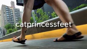 NYC sandal feet walking in city, milf foot show