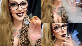 Winston 100s - Applying my black lipstick and smoking for you - Dangling, Deep Inhales, Nose exhales, Multiple pumps, Puffs, Smoke rings, Cough, Leopard print leather jacket, Vinyl pants, Long hair, Heavy makeup, Black lipstick , Beautiful long nails