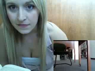 Lewd amateur blonde university chick masturbates herself in library