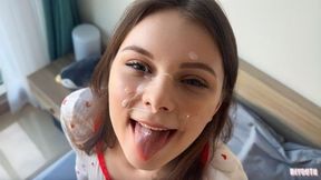 Morning Sex ended with a massive cumshot splatter on her innocent Pretty face Authentic sextape