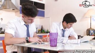 Slim homosexual twinks try bareback anal cumshot first time