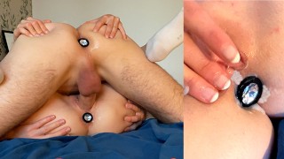 真正的情侣，每人一个插头。中出：惊人的精液河。