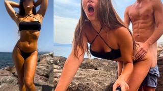 着名影响者（女友）在撒丁岛一块岩石后面的屁股上被搞砸