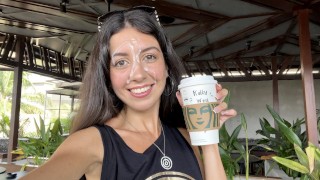 Crazy CUMWALK in STARBUCKS - Blowjob in Public Toilet, Drinking coffee with Sperm
