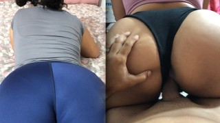 Mi madrastra me ayuda con una tarea y me pongo cachondo viéndola en licra