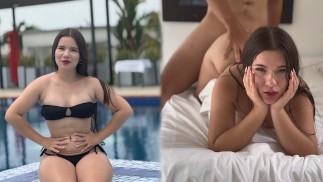 阳光灿烂的日子，在酒店享受游泳池和美味的鸡巴
