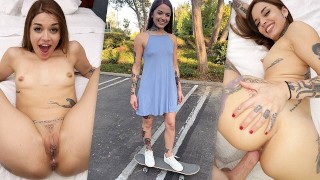 纹身溜冰女孩凡妮莎·维加（Vanessa Vega）在滑板和公共场合喷水