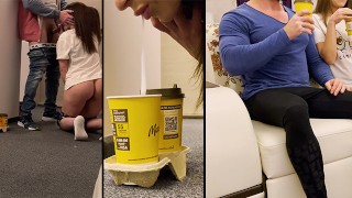 她吮吸送货员的鸡巴，把他的精液放在她的绿帽子上——丈夫的咖啡