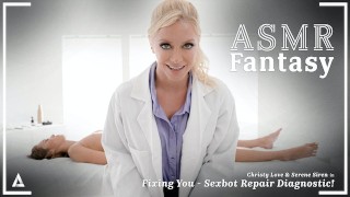 ASMR Fantasy - Hyper Real Sexbot Christy Love 喷洒在女同性恋技术员 Serene Siren 身上