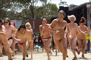 Nude Girls racing in public at the Meredith Music Festival in Australia
