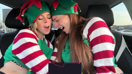 Nadia Foxx & Serenity Cox As Horny Elves Cumming In Drive Thru With Remote Controlled Vibrators