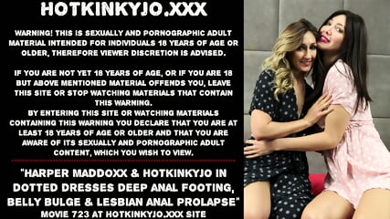 Harper Maddoxx & Hotkinkyjo In Dotted Dresses Deep Anal Footing, Belly Bulge & Lesbian Anal Prolapse